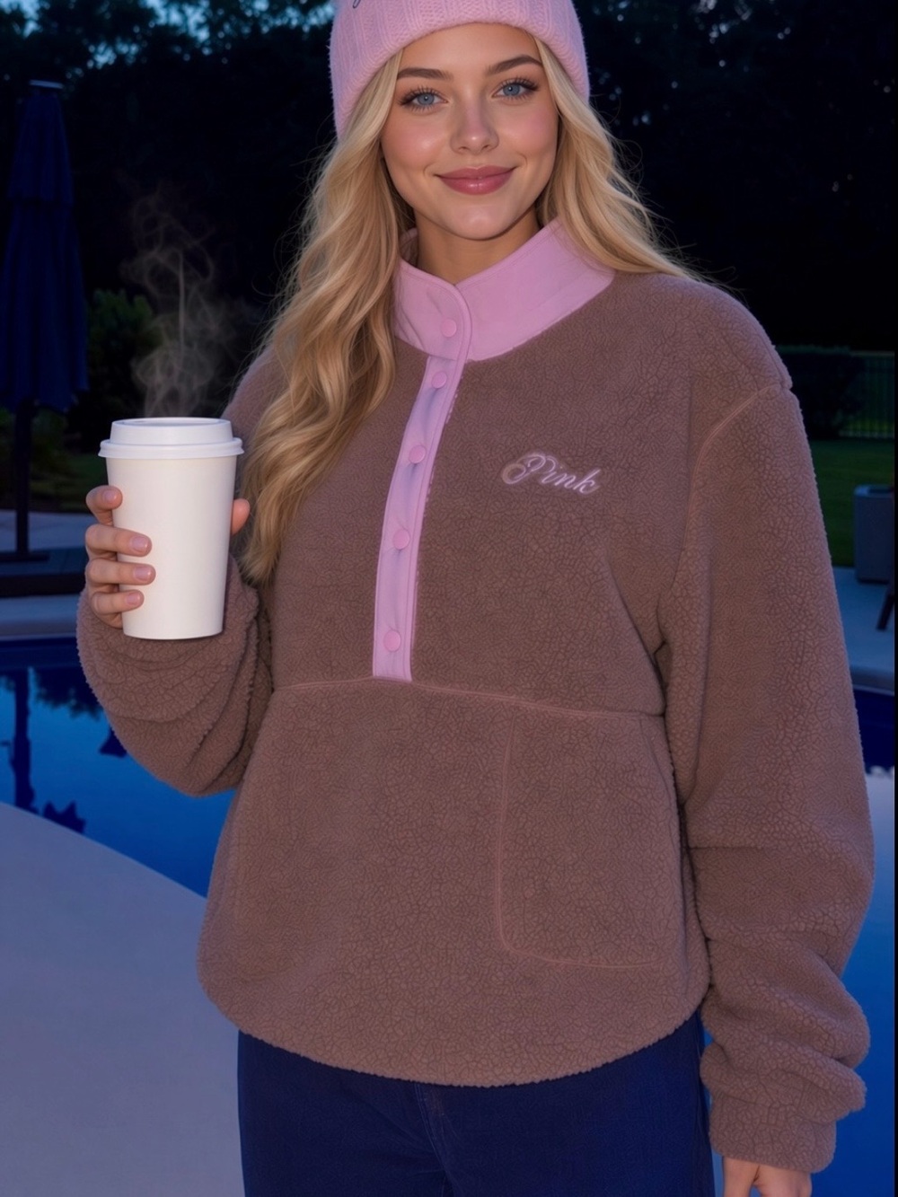 PINK Victoria's Secret - Pullover Teddy Brown Sherpa with Pink Trim - Picture 8 of 9